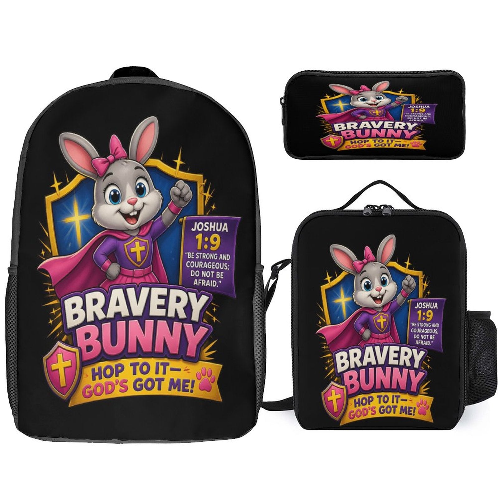 Bravery Bunny Christian 3 PCS Bag Set (Backpack, Lunch Bag and Pencil Case) - ClaimedbyGodDesigns