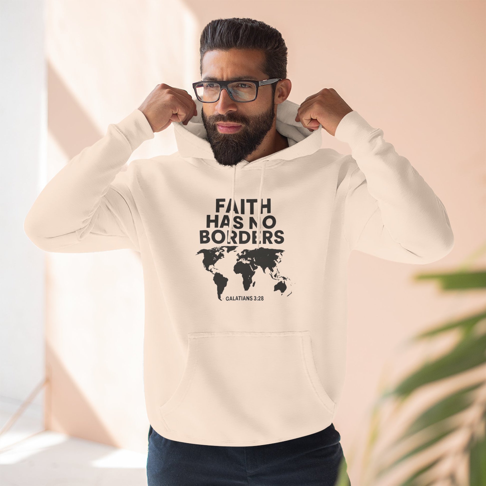 Faith Has No Borders Hoodie, Inspirational Fleece Hoodie for Travel Lovers, Religious Gift, Faith Apparel, Galatians 3:28 - ClaimedbyGodDesigns