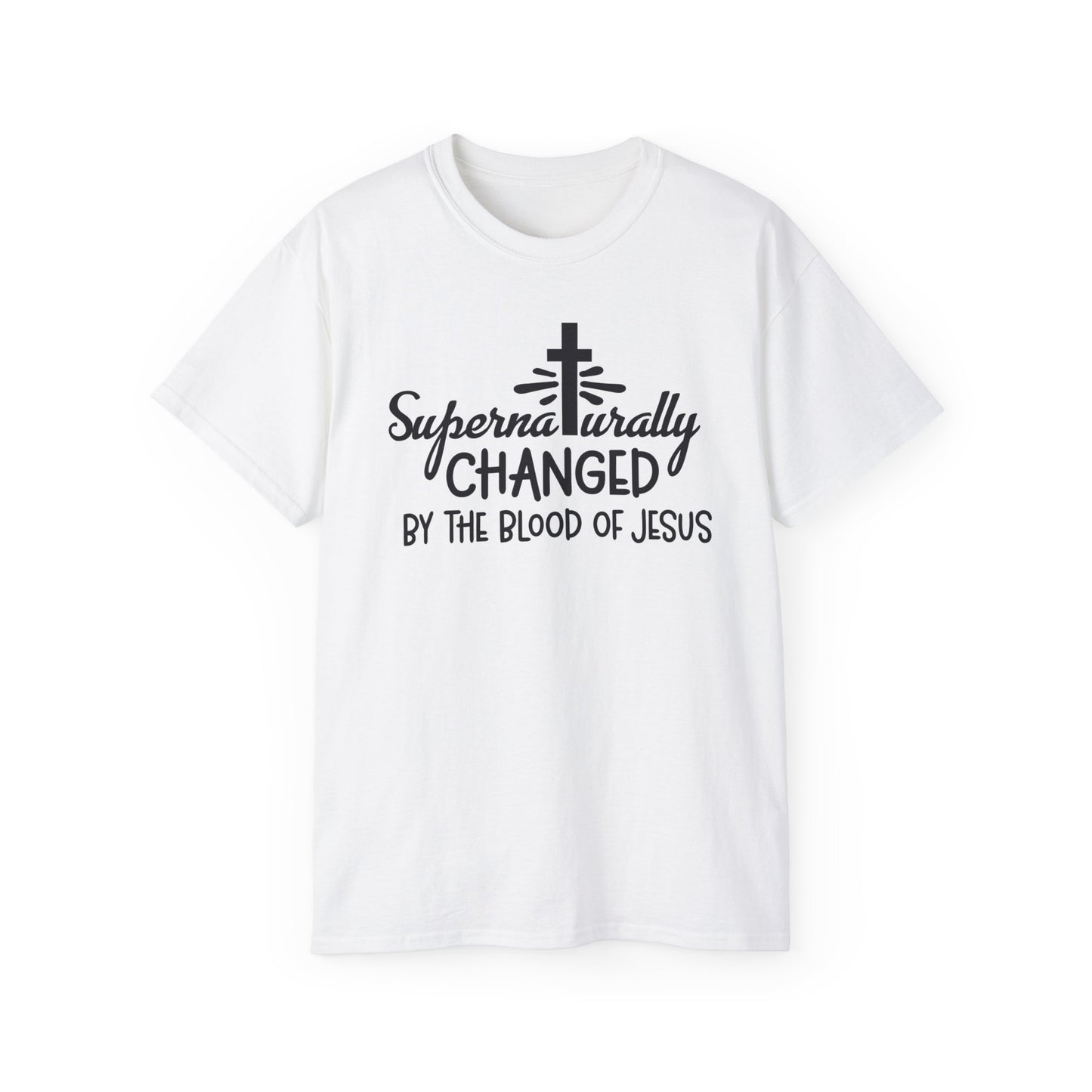 SUPERNATURALLY CHANGED BY THE BLOOD OF JESUS Unisex Christian Ultra Cotton Tee Printify