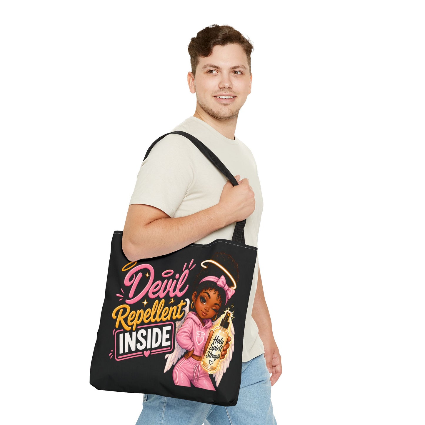 Tote Bag - "Devil Repellent Inside" Angel Girl Graphic Tote | Cute Protective Faith Gift - ClaimedbyGodDesigns