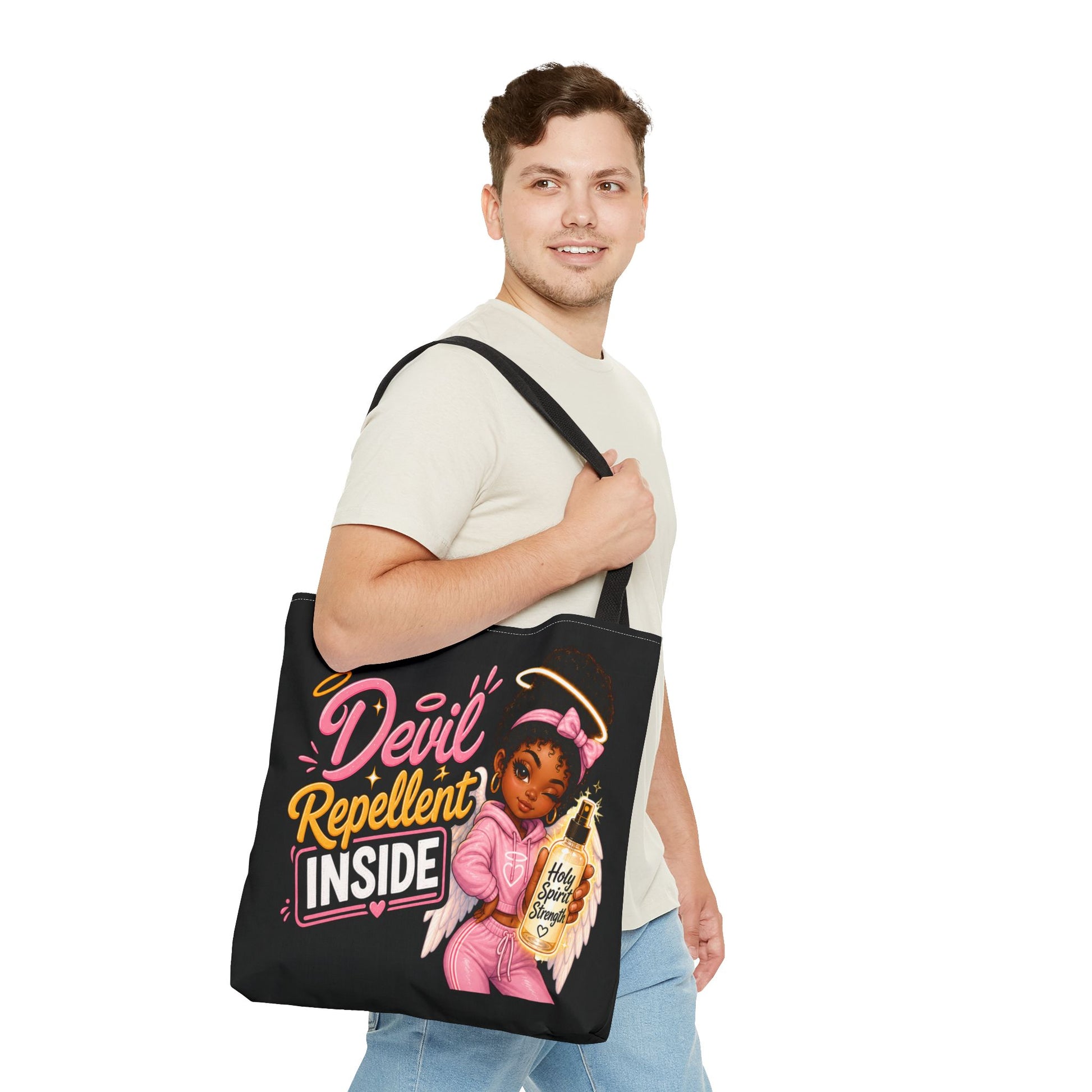 Tote Bag - "Devil Repellent Inside" Angel Girl Graphic Tote | Cute Protective Faith Gift - ClaimedbyGodDesigns