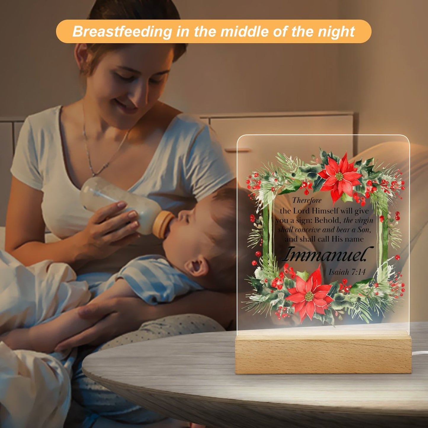 Isaiah 7:14 Immanuel (Christmas Themed) Christian Acrylic Night Light with Wooden Base