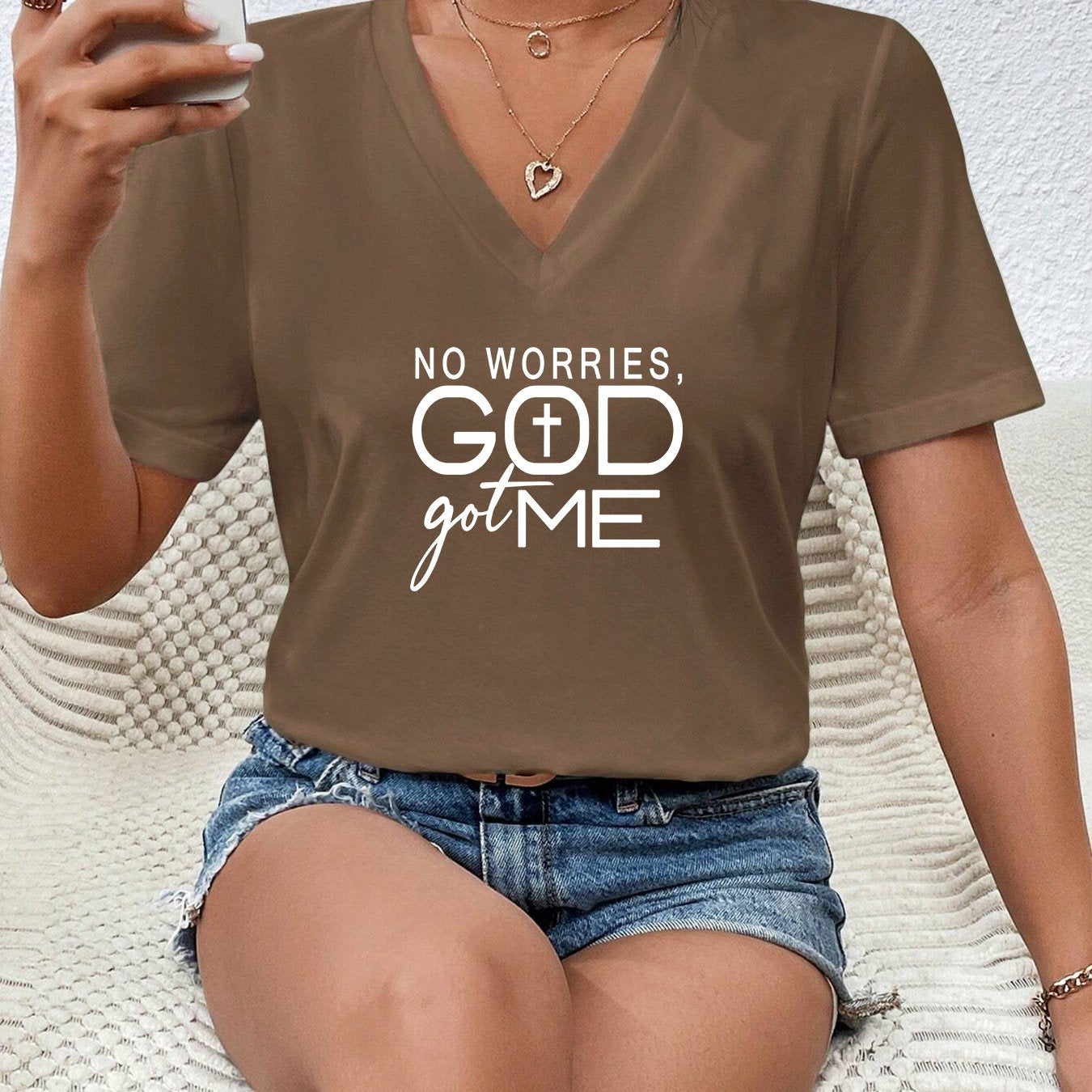 No Worries God Got Me V Neck Women's Christian T-shirt claimedbygoddesigns