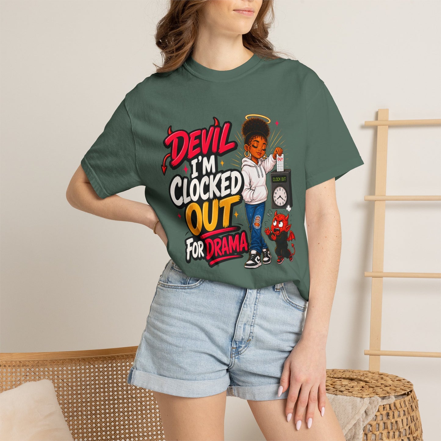 T-Shirt — "Devil I'm Clocked Out for Drama" Graphic Tee - ClaimedbyGodDesigns
