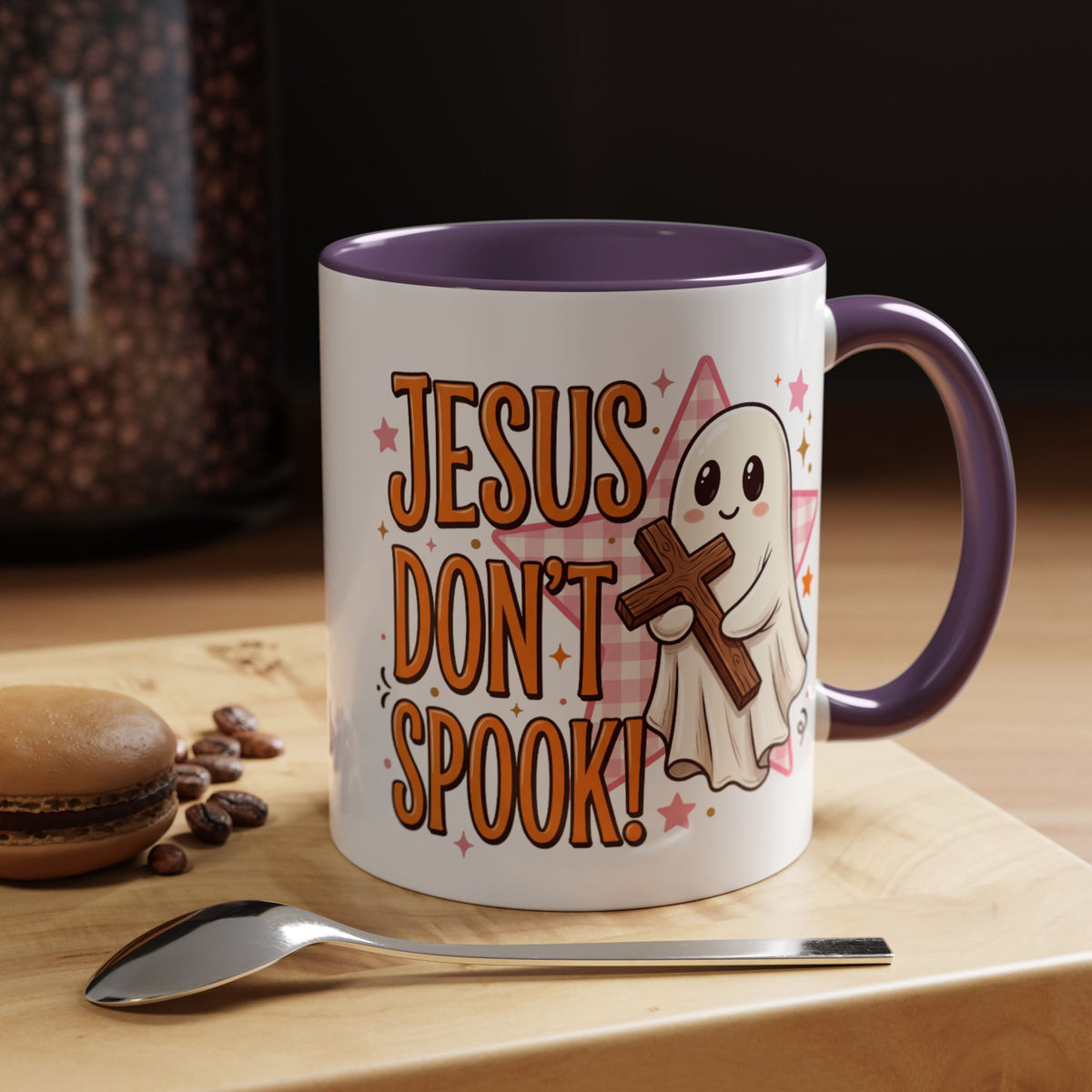 Accent Coffee Mug — "Jesus Don't Spook!" Cute Ghost Christian Coffee Mug (11/15oz)