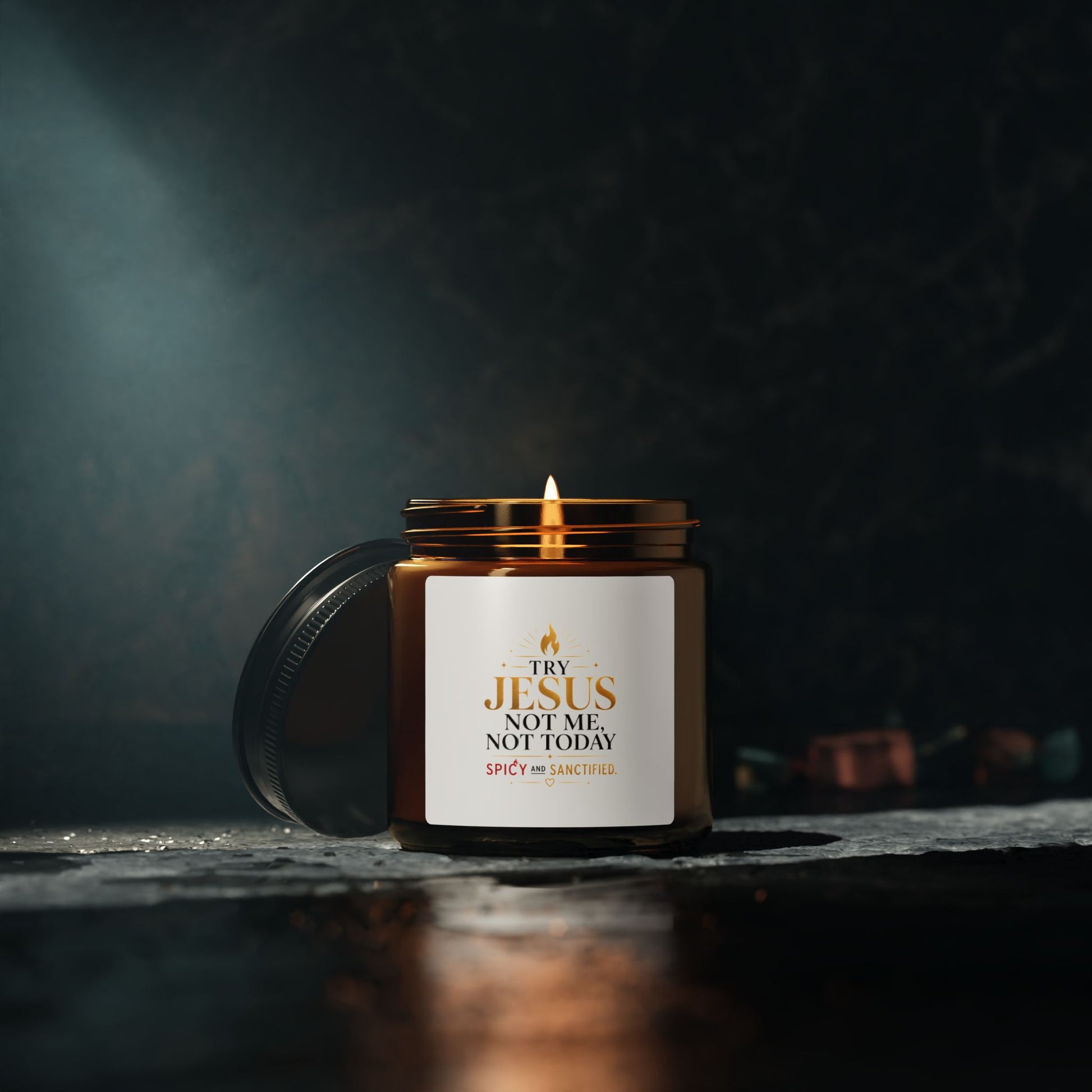Try Jesus Not Me Candle — Scented Soy Amber Jar (Multiple Sizes) - ClaimedbyGodDesigns