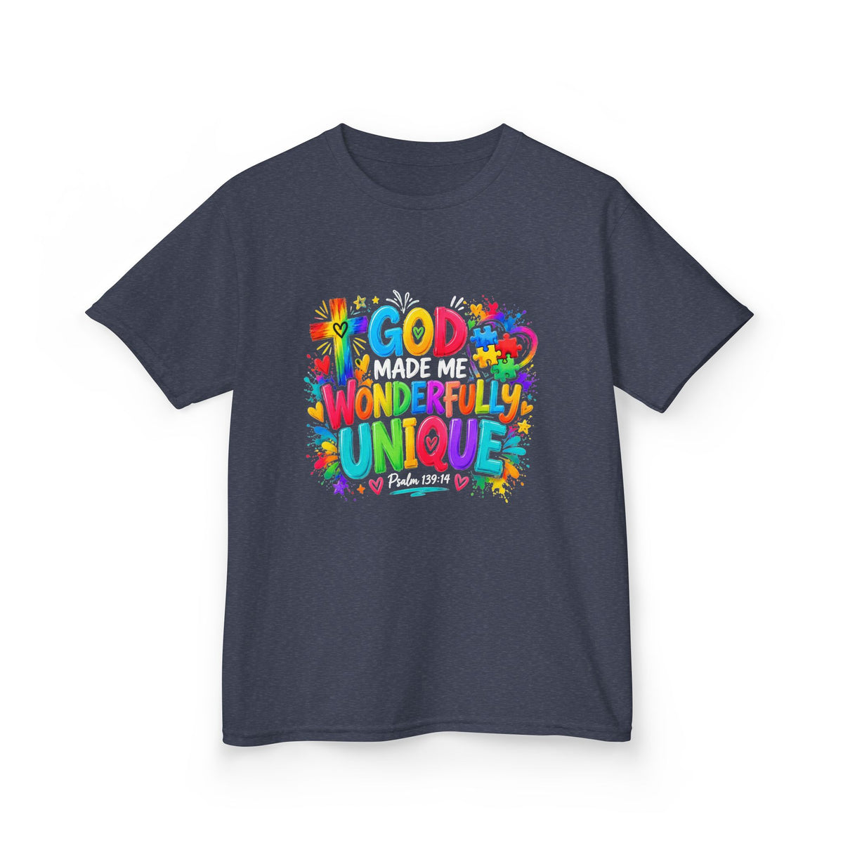 Youth Autism Awareness T-Shirt — "God Made Me Wonderfully Unique" Colorful Faith Tee