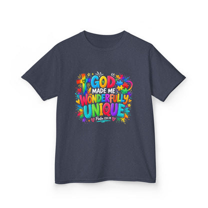 Youth Autism Awareness T-Shirt — "God Made Me Wonderfully Unique" Colorful Faith Tee