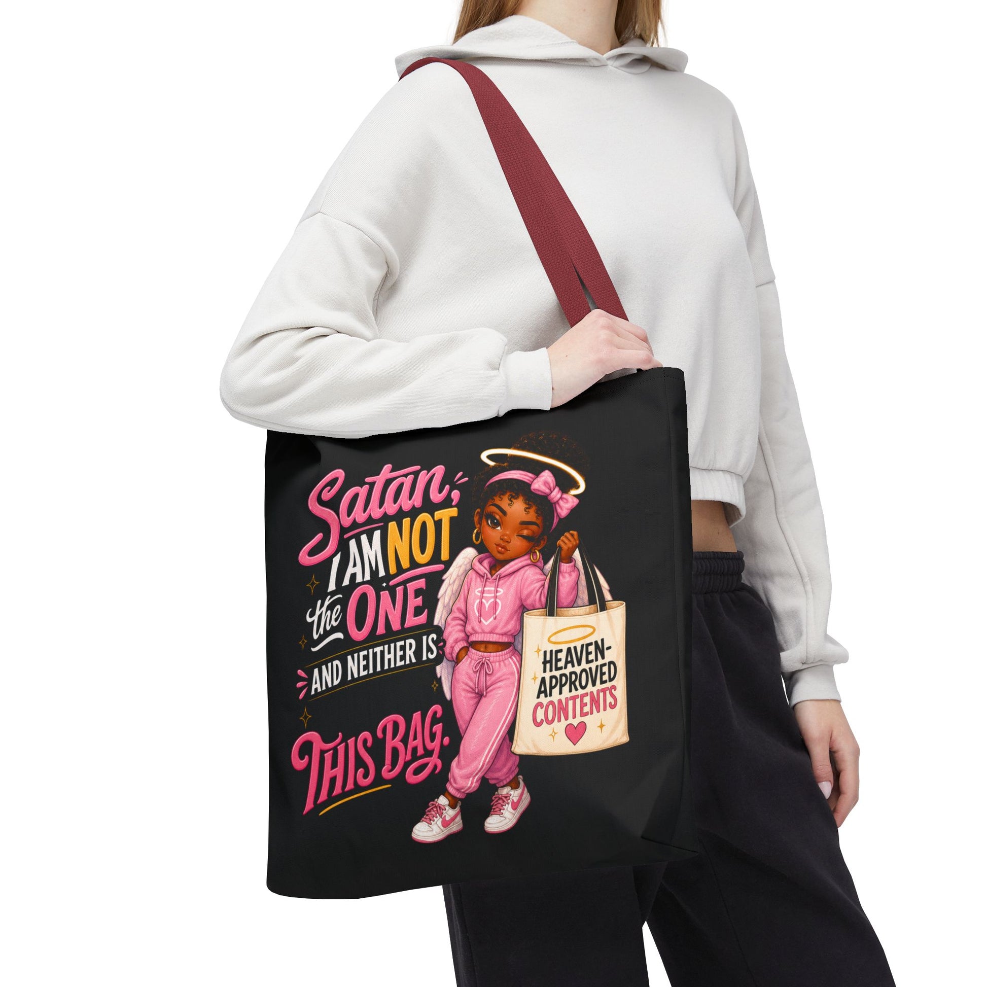 Tote Bag — "Satan I Am Not The One" Retro Angel Girl Tote (Heaven Approved Content) - ClaimedbyGodDesigns