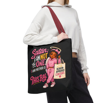 Tote Bag — "Satan I Am Not The One" Retro Angel Girl Tote (Heaven Approved Content) - ClaimedbyGodDesigns