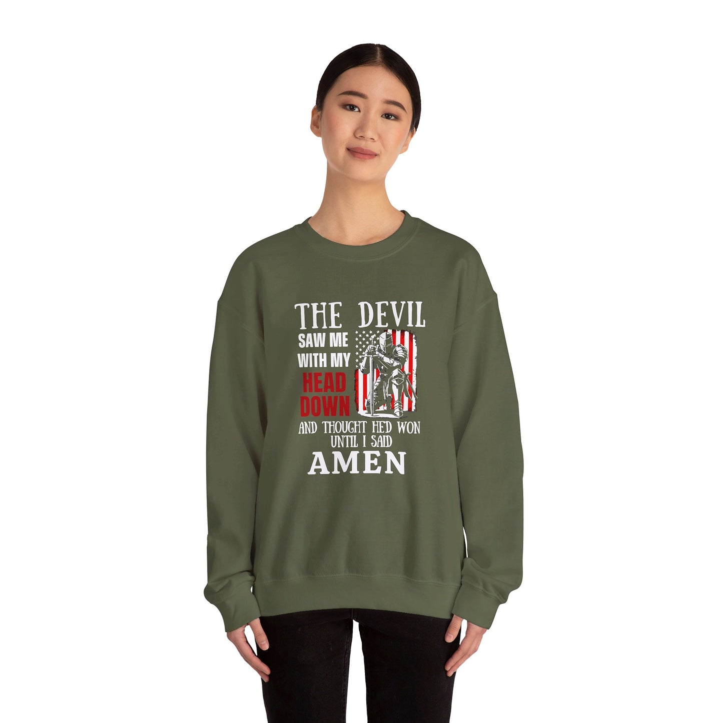 The Devil Saw Me With My Head Down And Thought He'd Won Until I Said Amen American Patriotic Flag Unisex Heavy Blend™ Crewneck Christian Sweatshirt