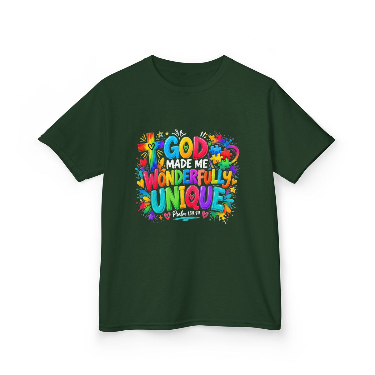Youth Autism Awareness T-Shirt — "God Made Me Wonderfully Unique" Colorful Faith Tee