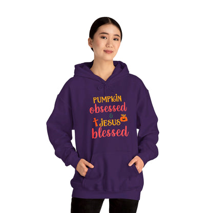 Pumpkin Obsessed And Blessed by Him Halloween Unisex Christian Pullover Hooded Sweatshirt