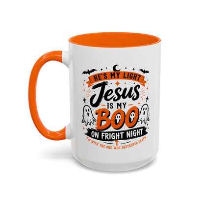 Christian Coffee Mug — "He's My Light, Jesus Is My Boo" Halloween Accent Mug