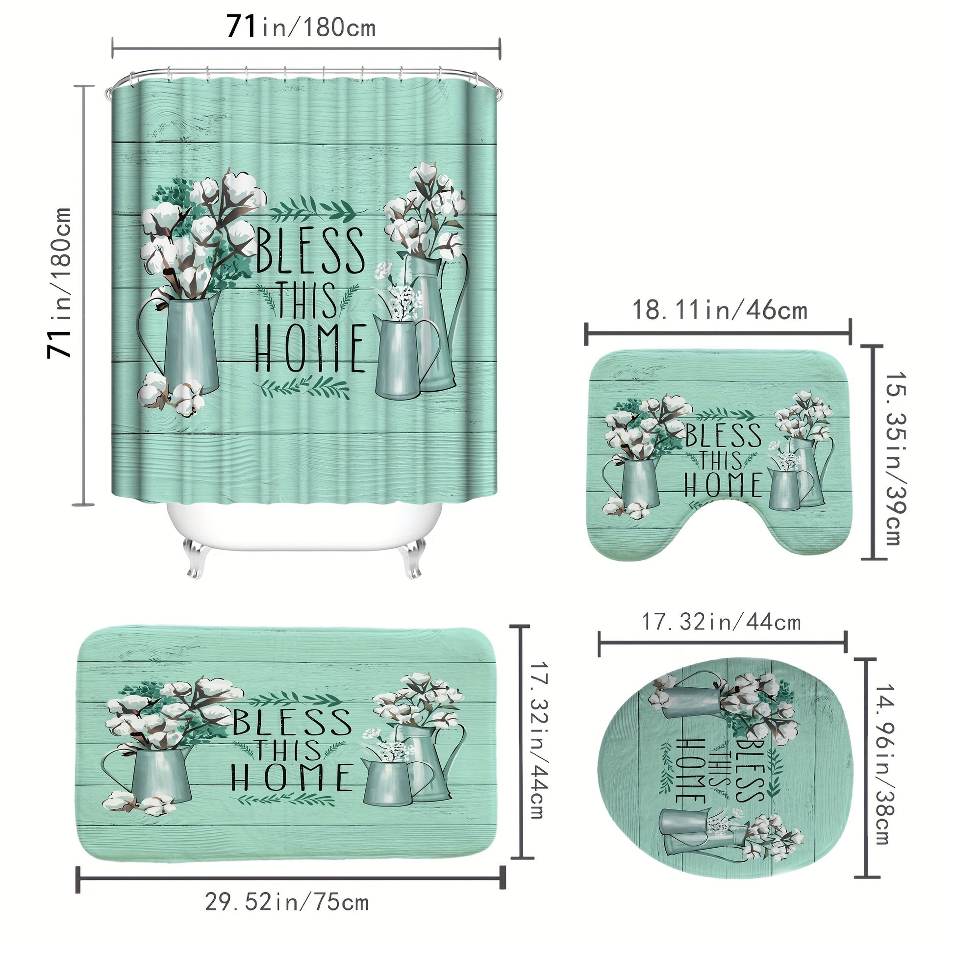 Bless This Home 4pc Christian Shower Curtain Set With 12 Hooks, Non-Slip Bathroom Rug, Toilet U-Shape Mat, Toilet Lid Cover Pad claimedbygoddesigns