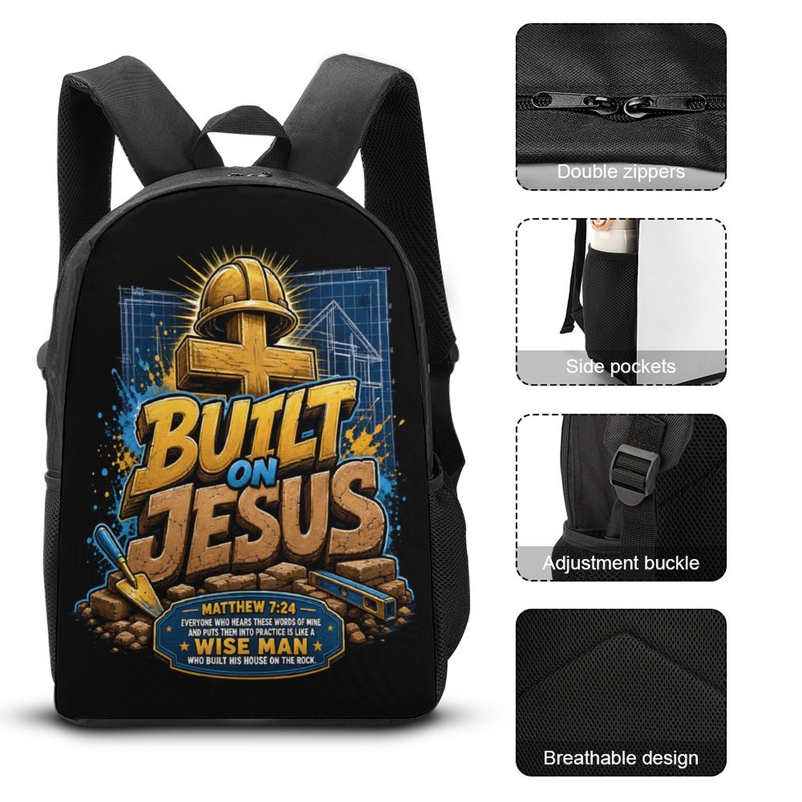 Built On Jesus Christian 3 PCS Bag Set (Backpack, Lunch Bag and Pencil Case) - ClaimedbyGodDesigns