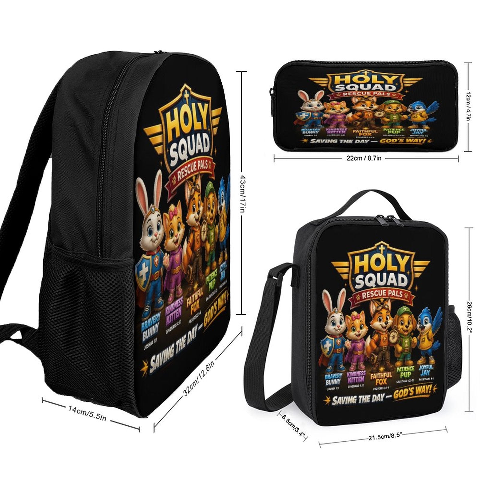 Holy Squad Rescue Pals Christian 3 PCS Bag Set (Backpack, Lunch Bag and Pencil Case) - ClaimedbyGodDesigns