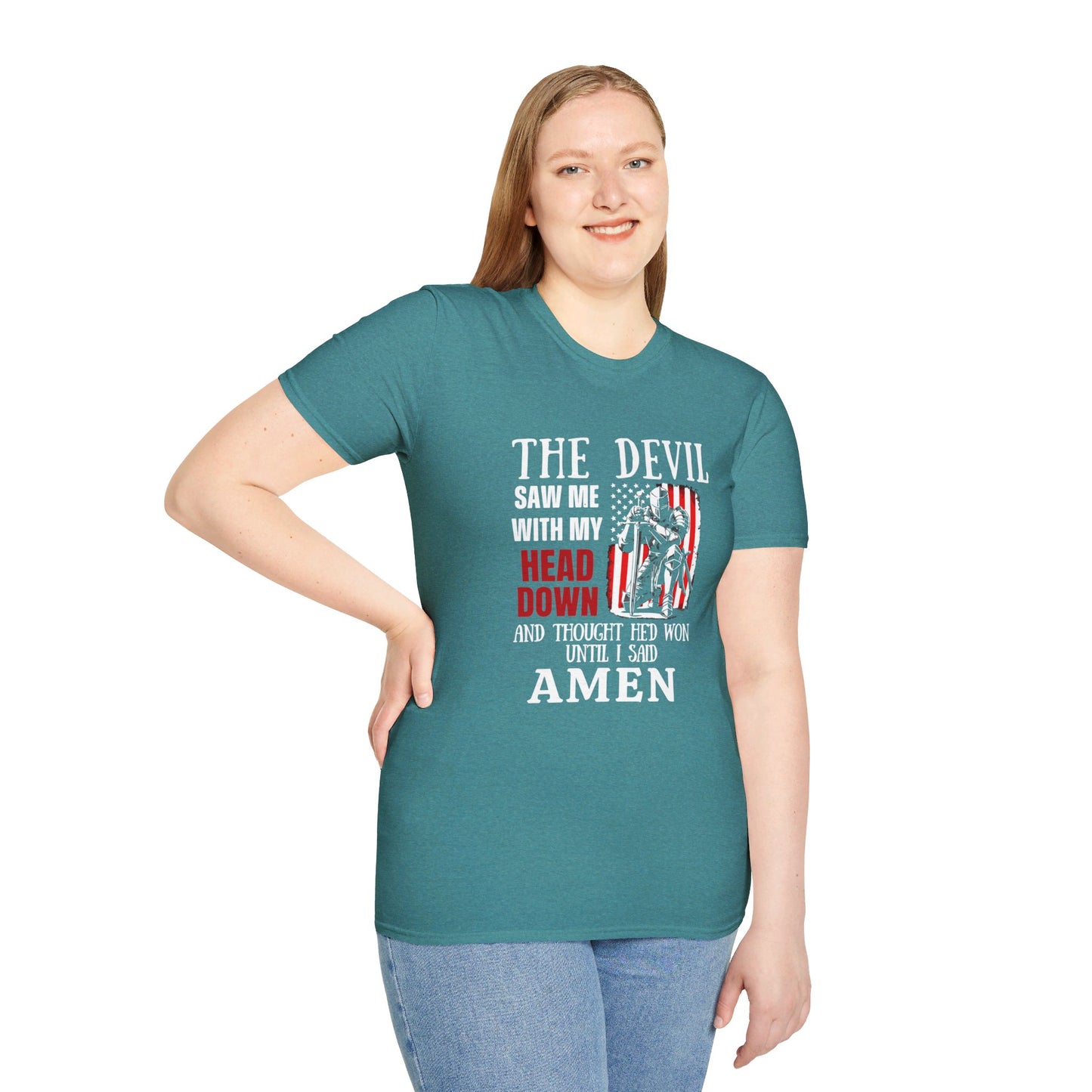 The Devil Saw Me With My Head Down And Thought He'd Won Until I Said Amen American Patriotic Flag Unisex Christian T-shirt