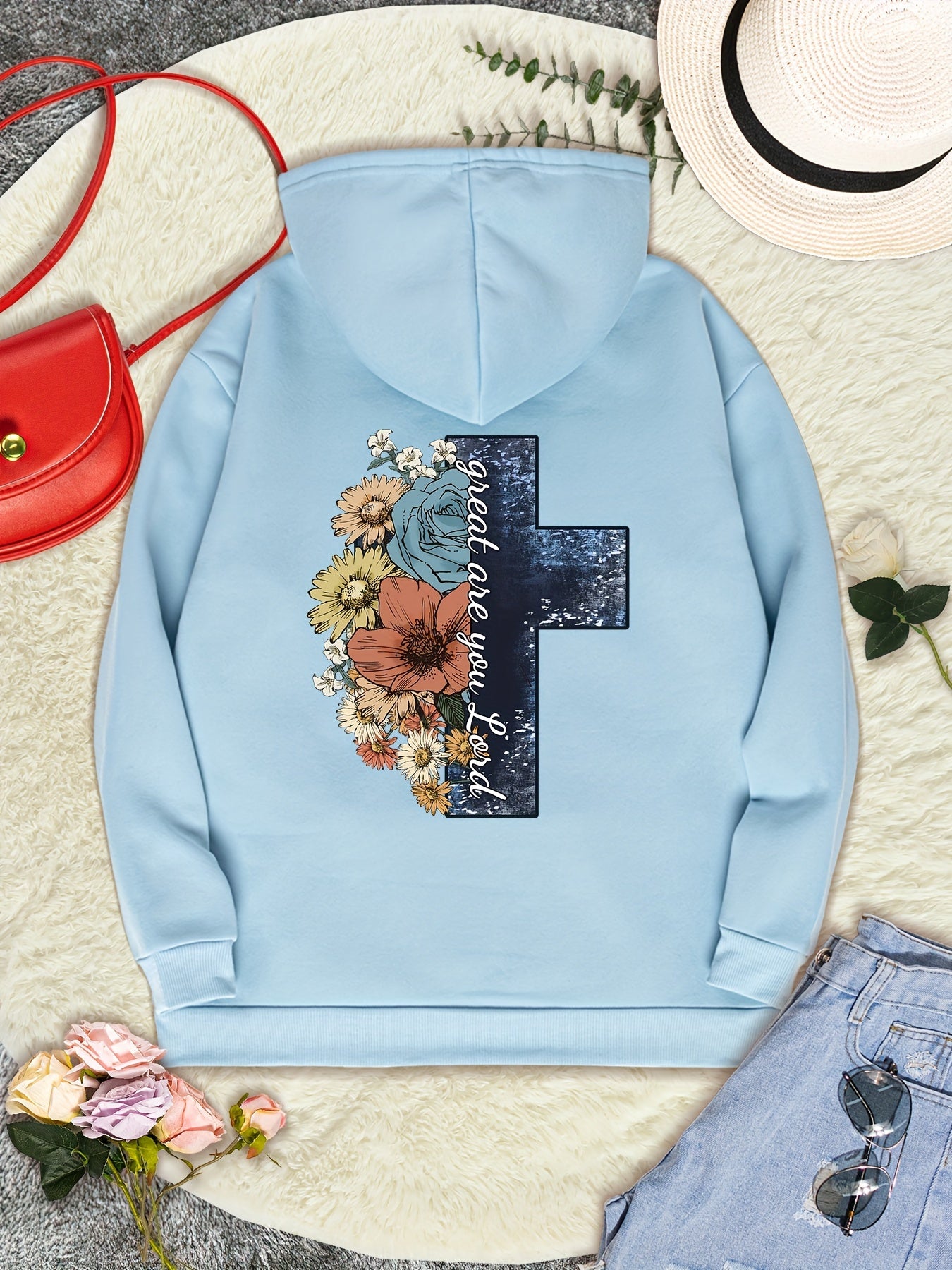 Great Are You Lord (Floral Cross) Women's Christian Pullover Hooded Sweatshirt claimedbygoddesigns