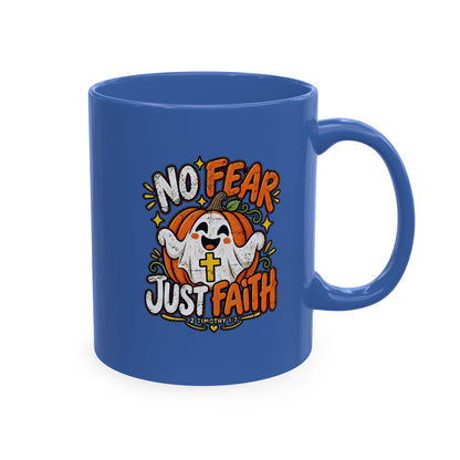 Halloween Ghost Christian Ceramic Mug — "No Fear, Just Faith" Pumpkin Coffee Cup