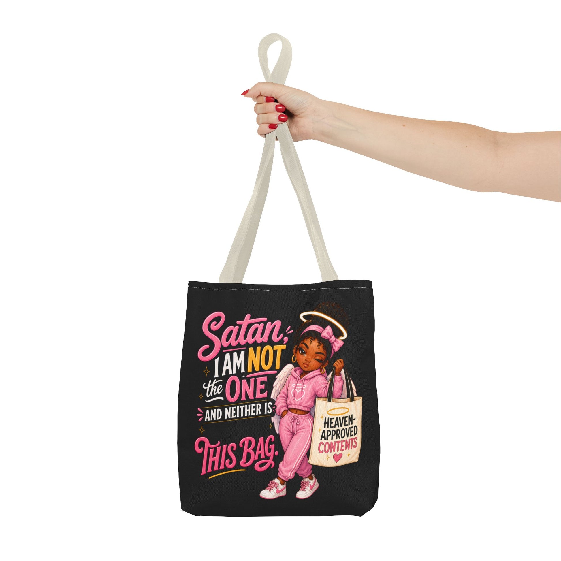 Tote Bag — "Satan I Am Not The One" Retro Angel Girl Tote (Heaven Approved Content) - ClaimedbyGodDesigns
