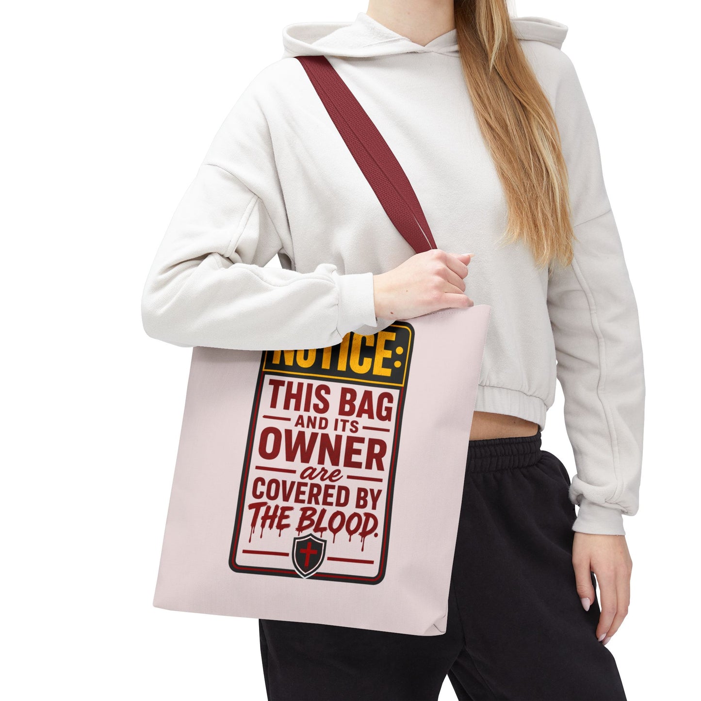 Tote Bag — "NOTICE: This Bag and Its Owner Are Covered by the Blood" Christian Faith Tote - ClaimedbyGodDesigns