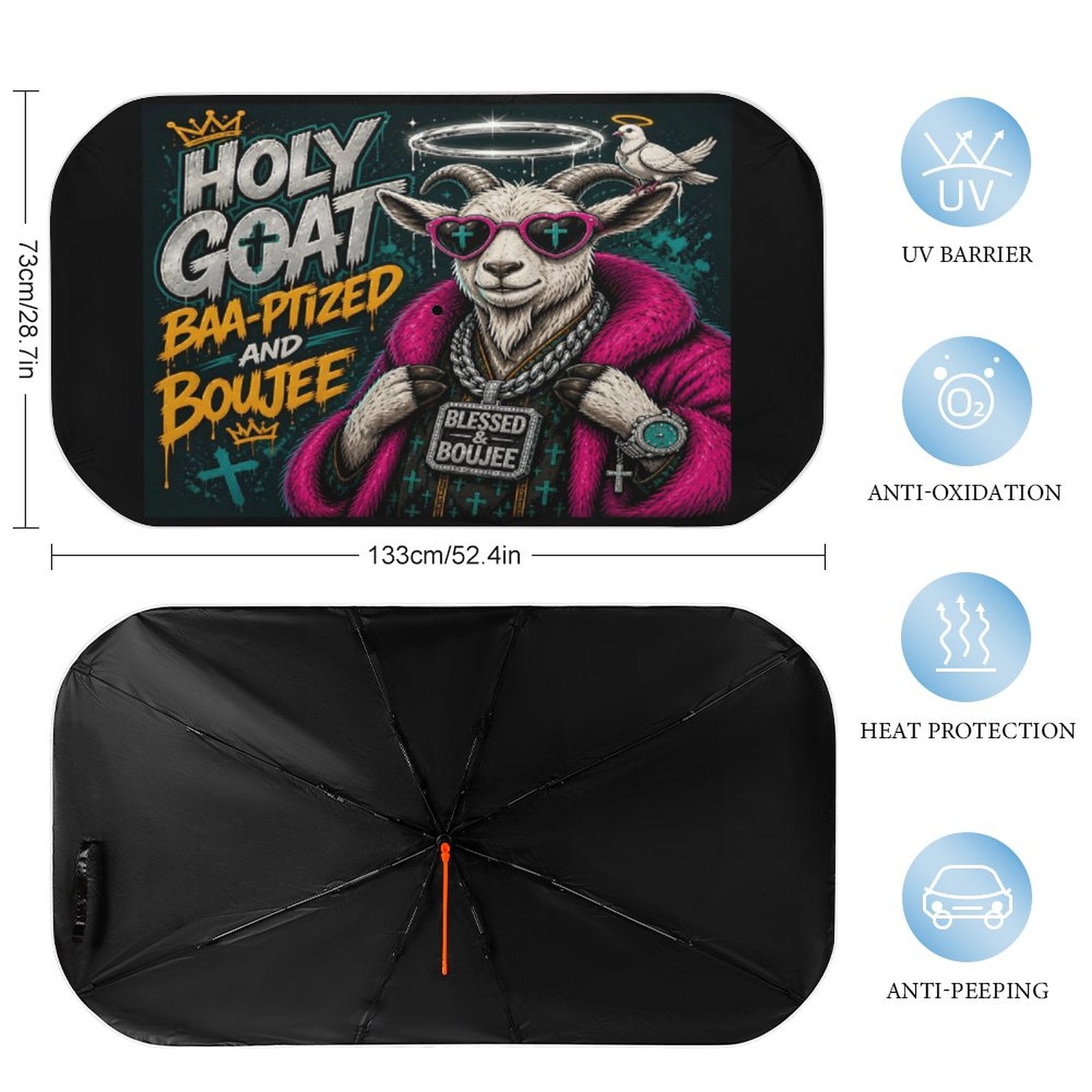 Holy Goat — Baa‑ptized & Boujee Christian Car Sunshade Umbrella - ClaimedbyGodDesigns