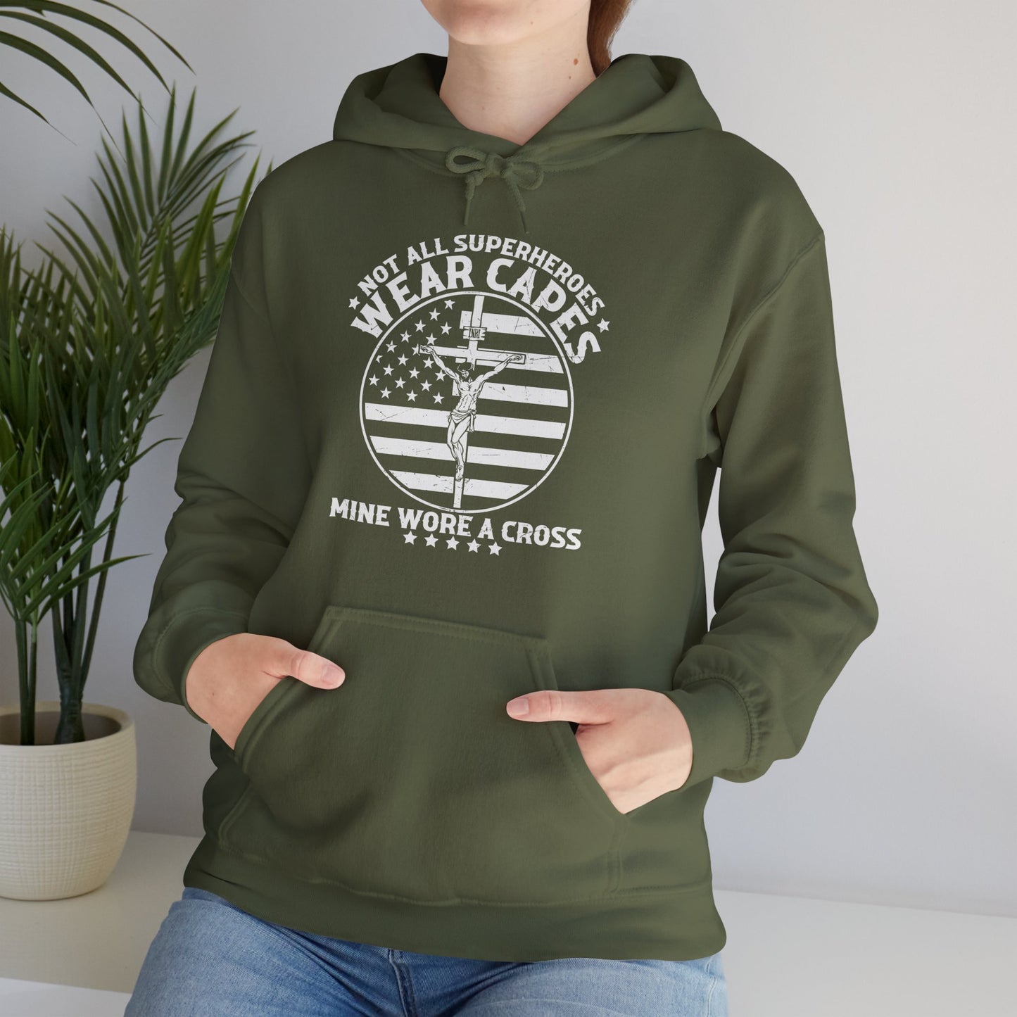 Not All Superheroes Wear Capes Mine Wore A Cross American Patriotic Christian Unisex Hooded Pullover Sweatshirt