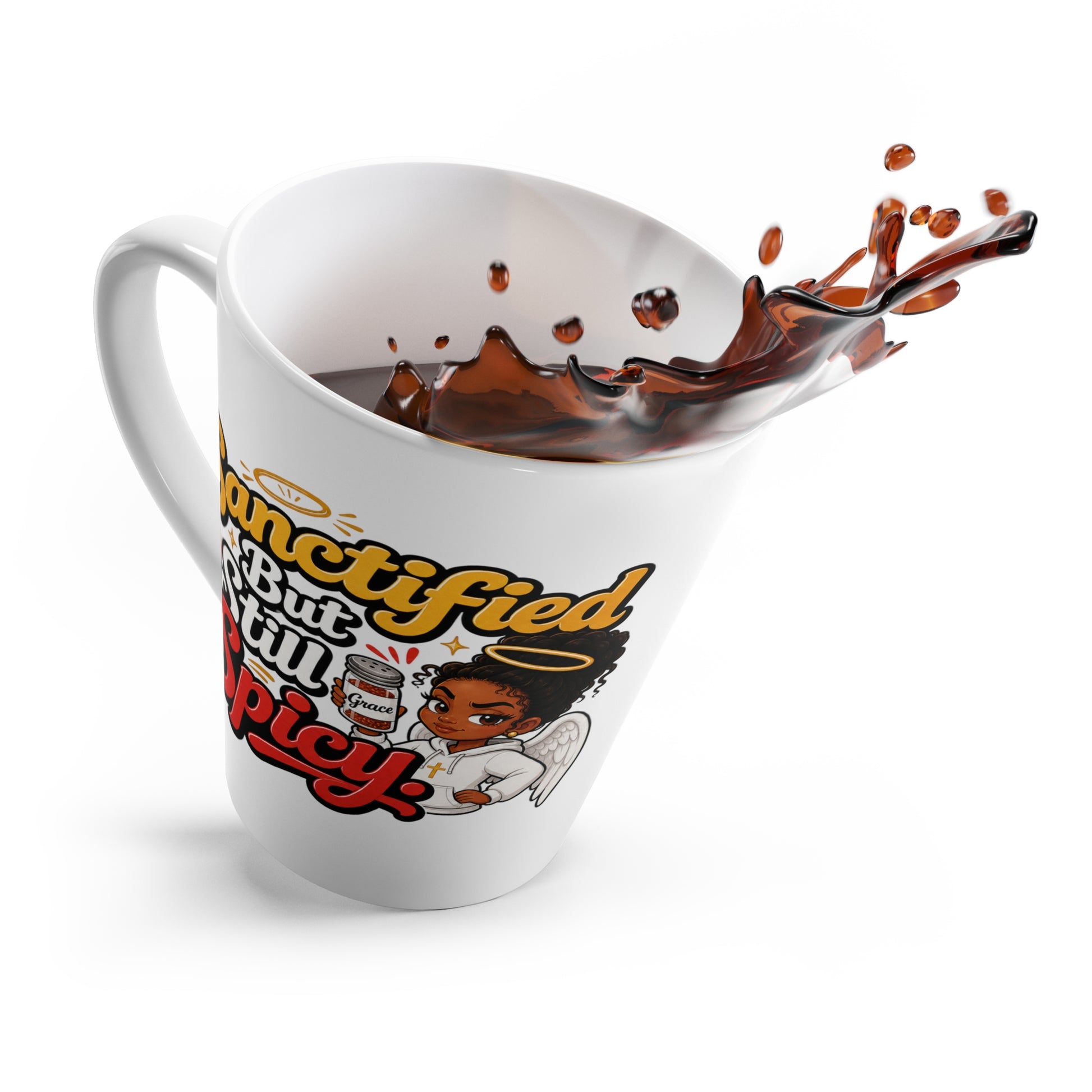 Latte Mug - "Sanctified But Still Spicy" Angel Illustration Coffee Cup - ClaimedbyGodDesigns