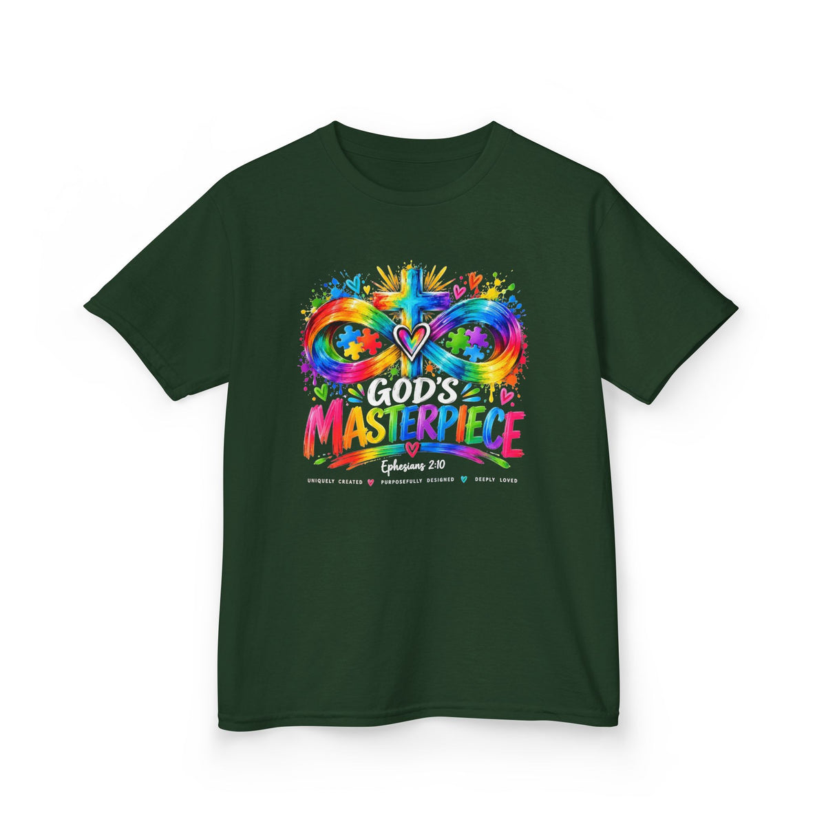 Youth Autism Awareness T-Shirt — "God's Masterpiece" Colorful Heart & Infinity Tee
