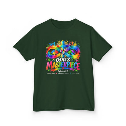 Youth Autism Awareness T-Shirt — "God's Masterpiece" Colorful Heart & Infinity Tee
