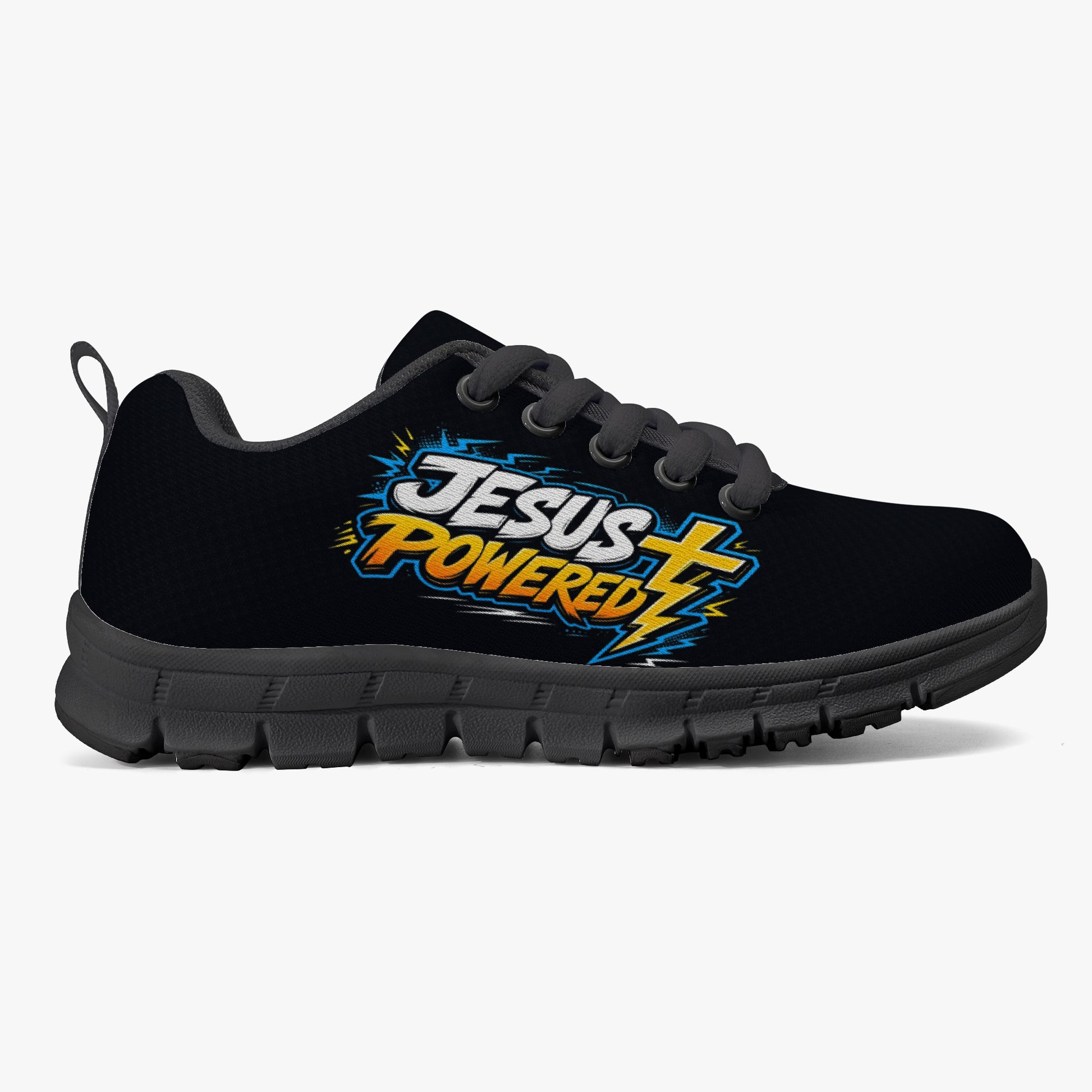 Jesus Powered Christian Kids' Lightweight Mesh Sneakers - Black - ClaimedbyGodDesigns