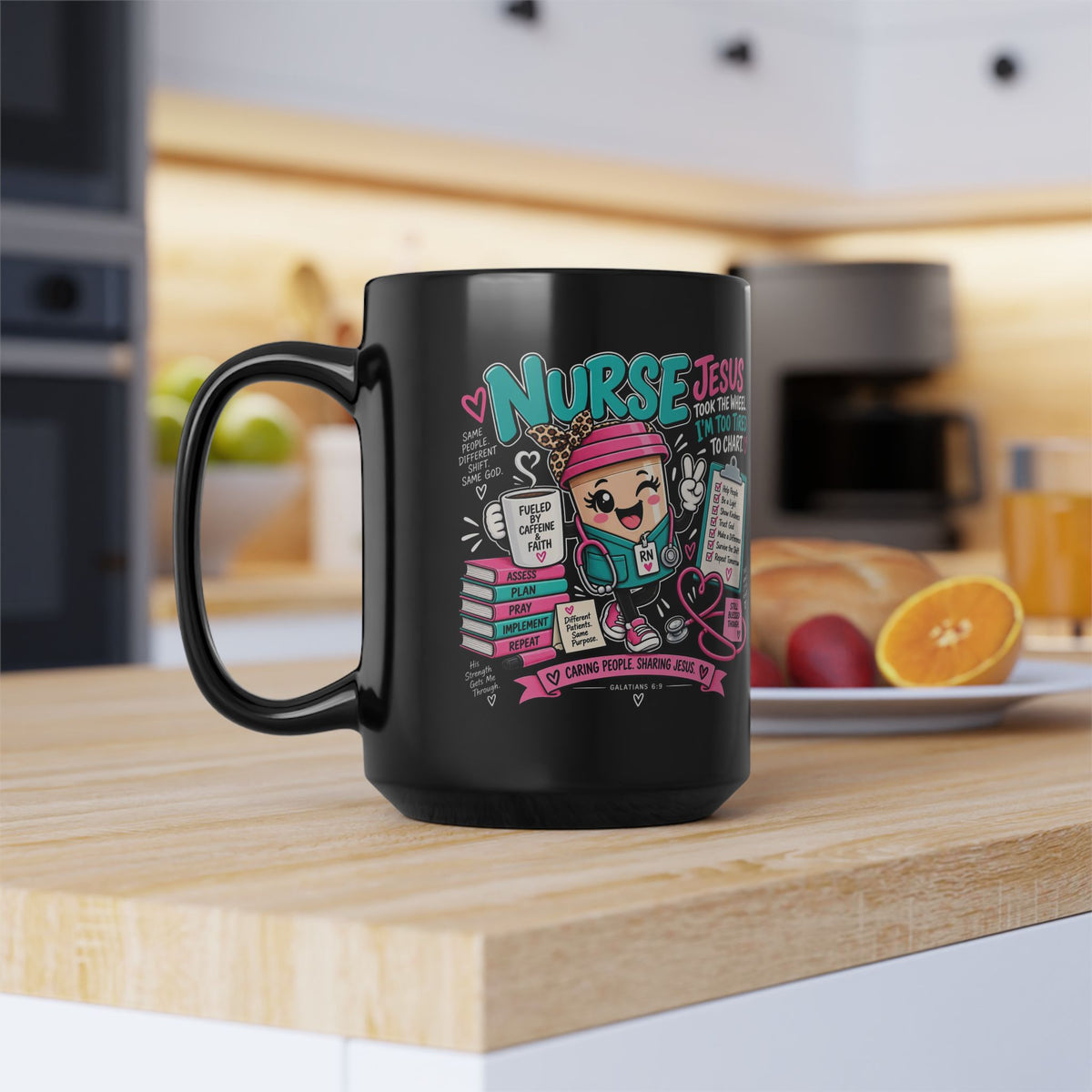 Nurse Mug – “Jesus Took the Wheel, I’m Too Tired to Chart” 15oz Black Coffee Cup