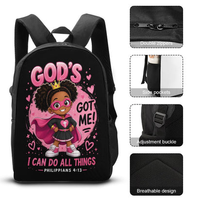 God's Got Me Girl Christian 3 PCS Bag Set (Backpack, Lunch Bag and Pencil Case)