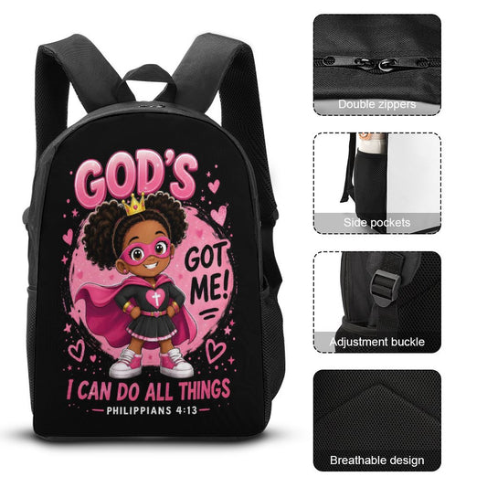 God's Got Me Girl Christian 3 PCS Bag Set (Backpack, Lunch Bag and Pencil Case)
