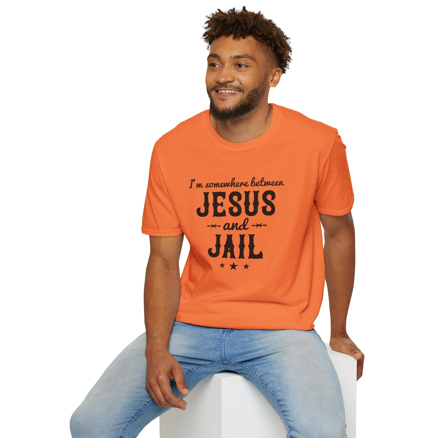 I'm Somewhere Between Jesus And Jail Funny Unisex Christian T-shirt