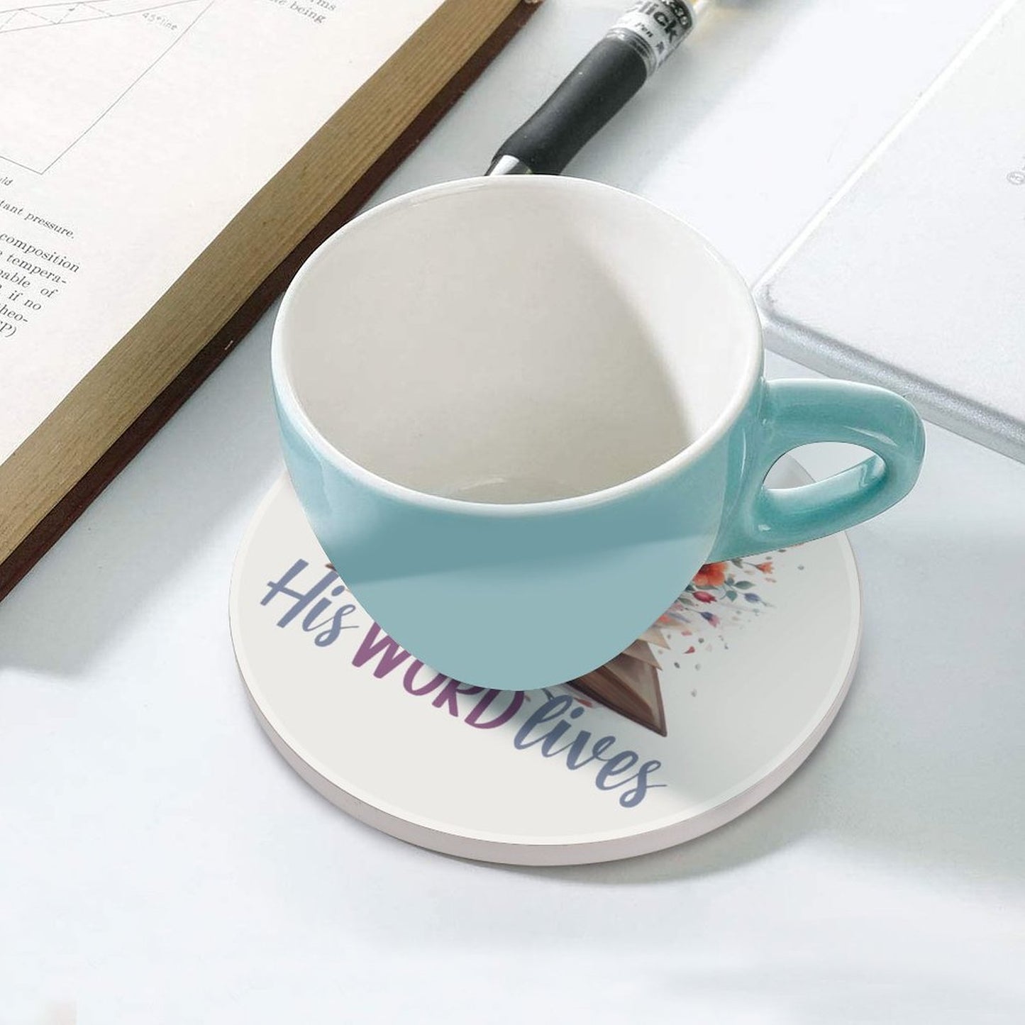 His Word Lives Round Ceramic Coaster - ClaimedbyGodDesigns