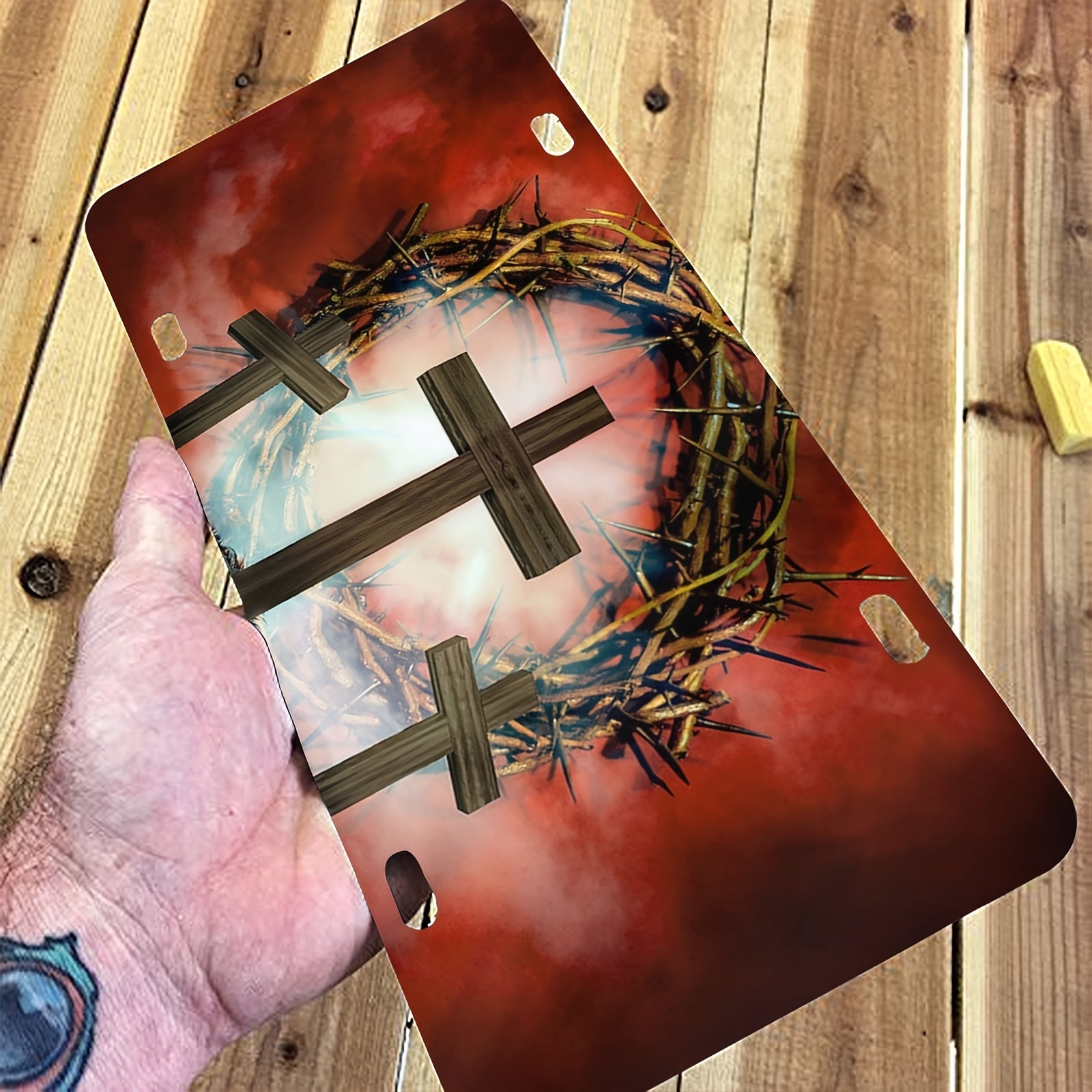 Three Cross Crown of Thorns Christian Front License Plate claimedbygoddesigns