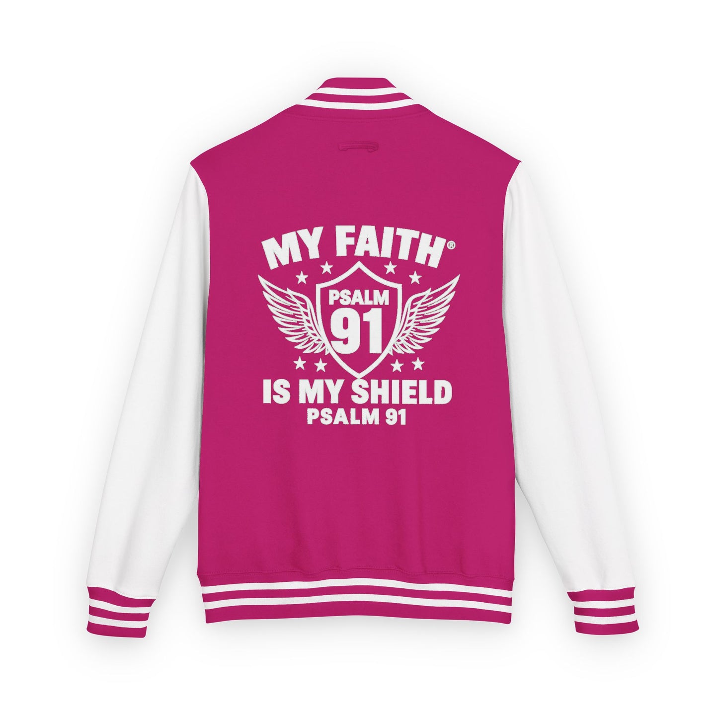 Letterman Jacket — “My Faith Is My Shield” 91 Vintage Varsity Jacket - ClaimedbyGodDesigns