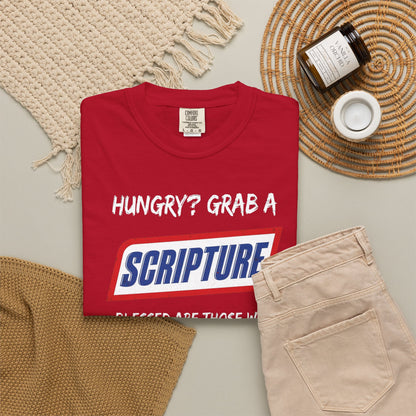 Scripture Snack T-Shirt — "Hungry? Grab a Scripture" Matthew 5:6 Christian Tee