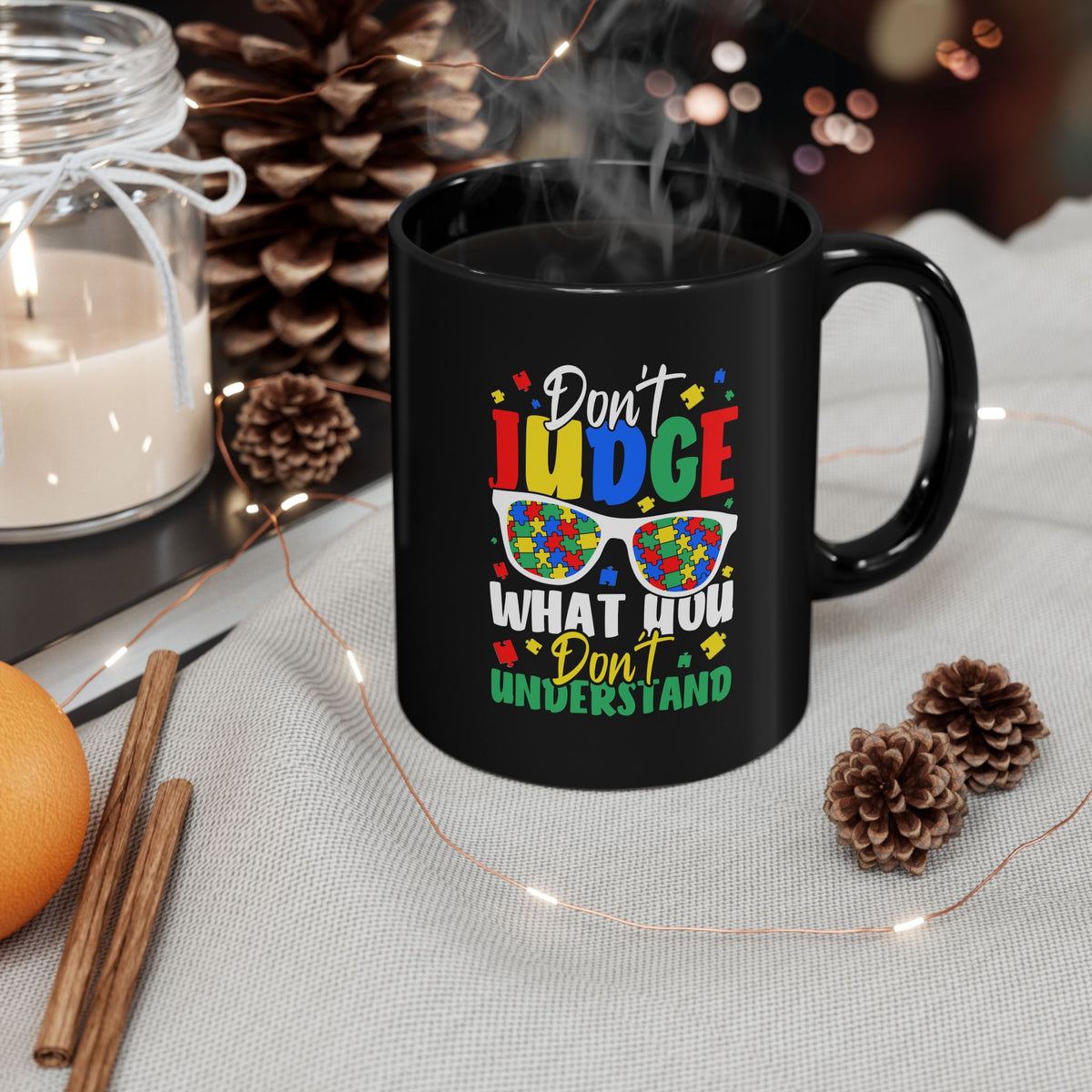 Colorful autism awareness black coffee mug