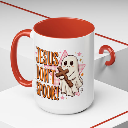 Accent Coffee Mug — "Jesus Don't Spook!" Cute Ghost Christian Coffee Mug (11/15oz)