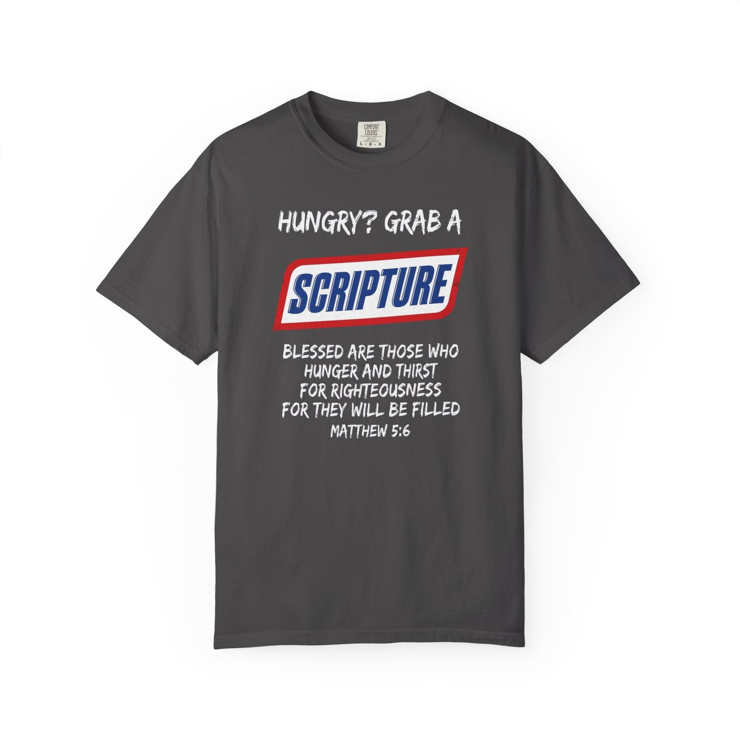 Scripture Snack T-Shirt — "Hungry? Grab a Scripture" Matthew 5:6 Christian Tee