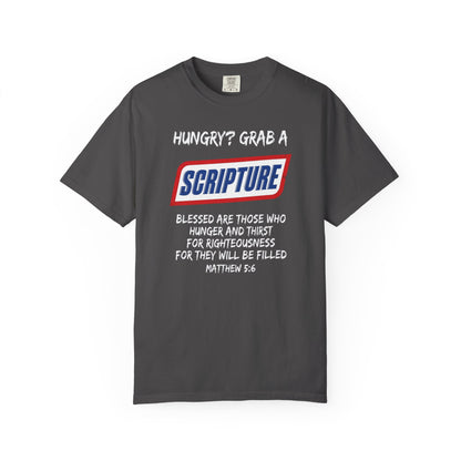 Scripture Snack T-Shirt — "Hungry? Grab a Scripture" Matthew 5:6 Christian Tee
