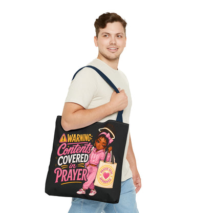 Tote Bag — "Warning: Contents Covered in Prayer" Pink Faith Tote - ClaimedbyGodDesigns