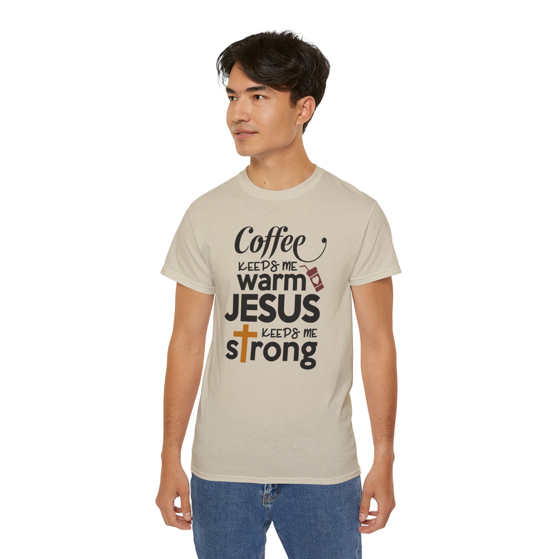 COFFEE KEEPS ME WARM JESUS KEEPS ME STRONG FUNNY Unisex Christian Ultra Cotton Tee Printify