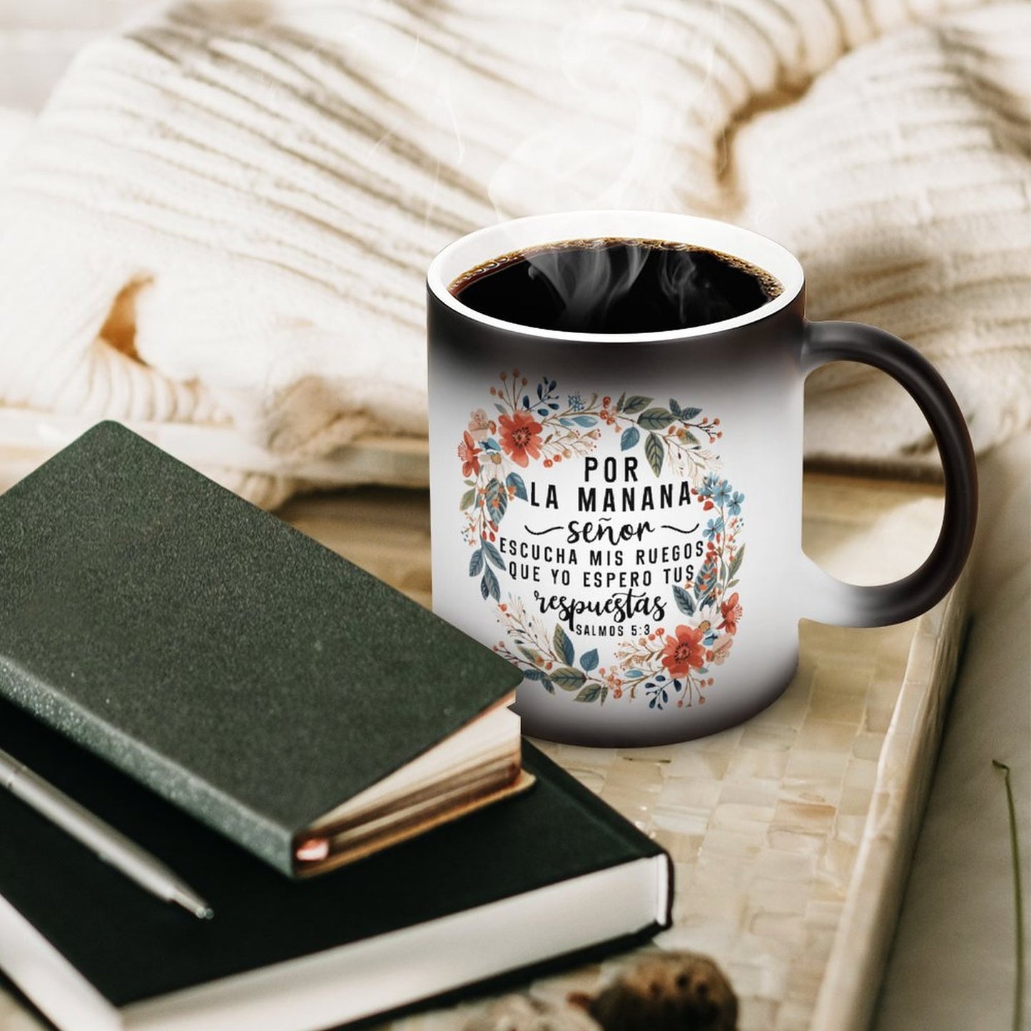 Salmos 5:3 Por La Manana Senor Escucha Mis Ruegos Que Yo Espero Tus Respuestas Spanish Christian Color Changing Mug (Dual-sided)