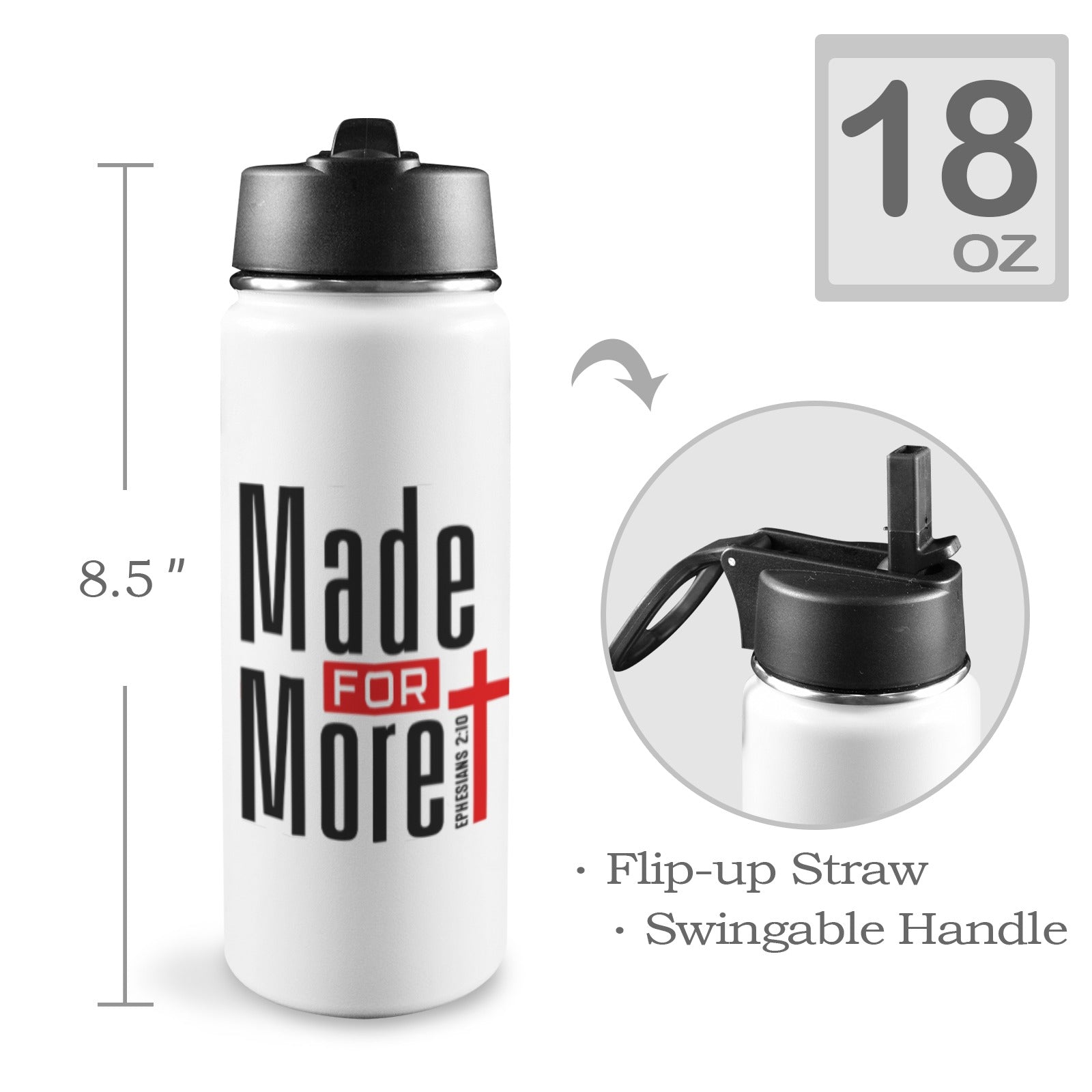 Made For More Insulated Christian Water Bottle with Straw Lid (18oz) - ClaimedbyGodDesigns