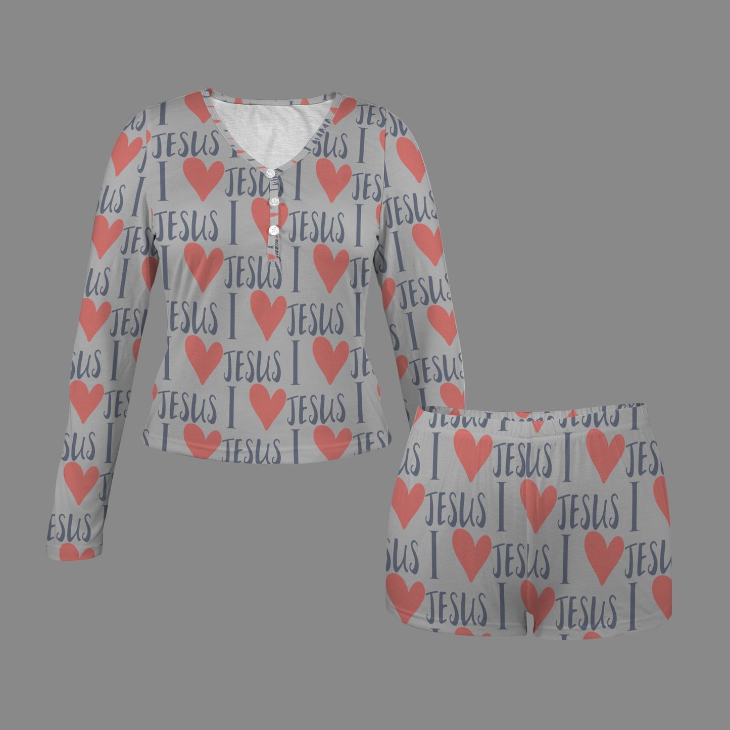 I love Jesus Women's Long Sleeves&Shorts Button Christian Pajama Set