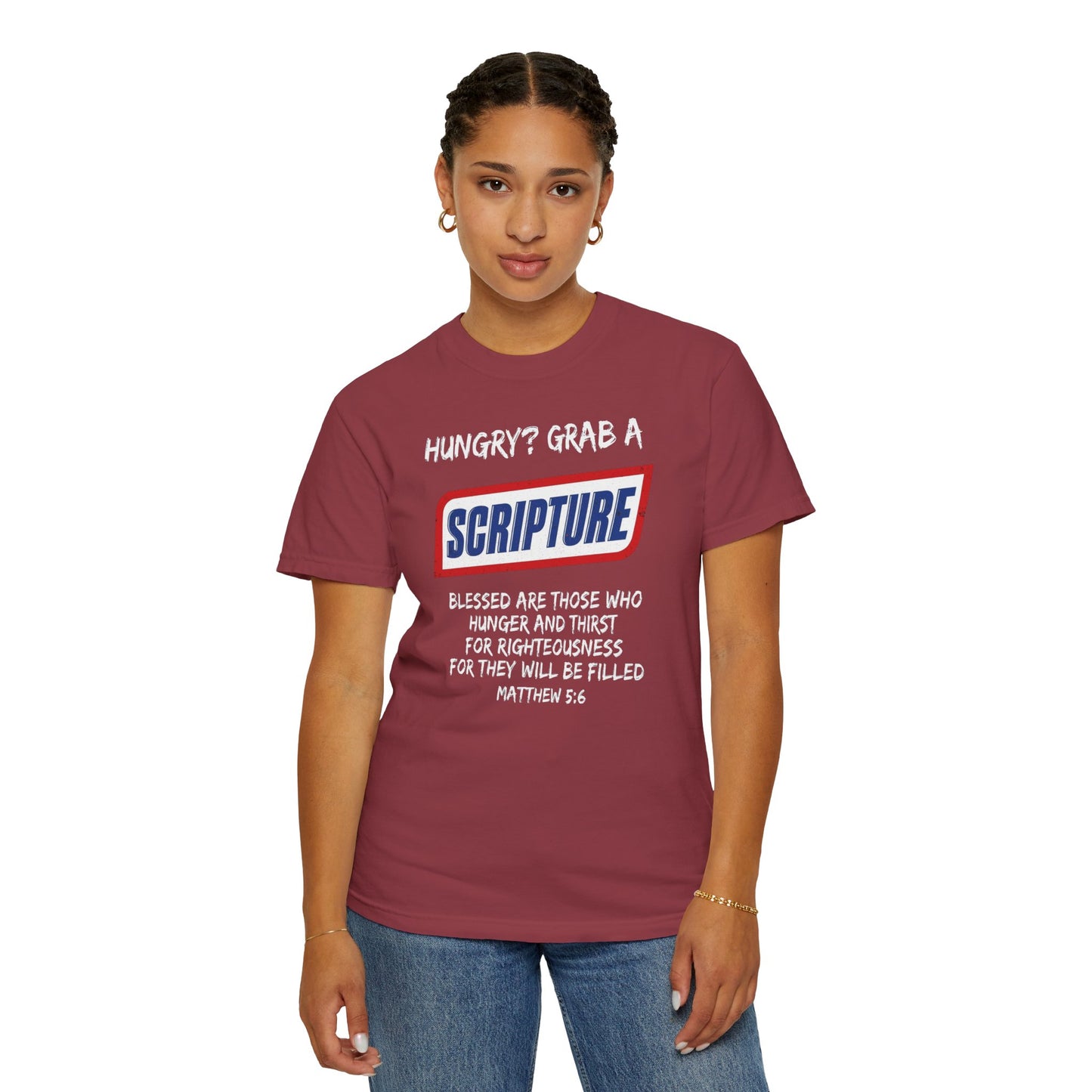 Scripture Snack T-Shirt — "Hungry? Grab a Scripture" Matthew 5:6 Christian Tee